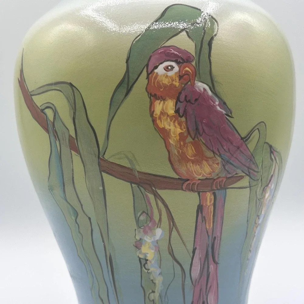 Rick Wisecarver Handcrafted Tropical Bird Ceramic Vase 1982 Green Blue 10in
